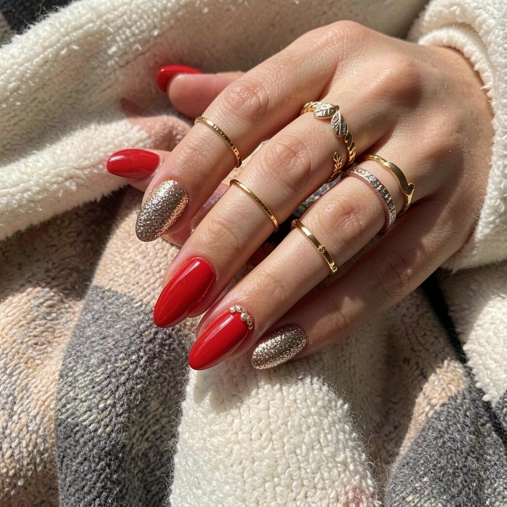 Mãos com unhas vermelhas e detalhes dourados, anéis delicados, sobre tecido texturizado, em estilo casual e elegante.
