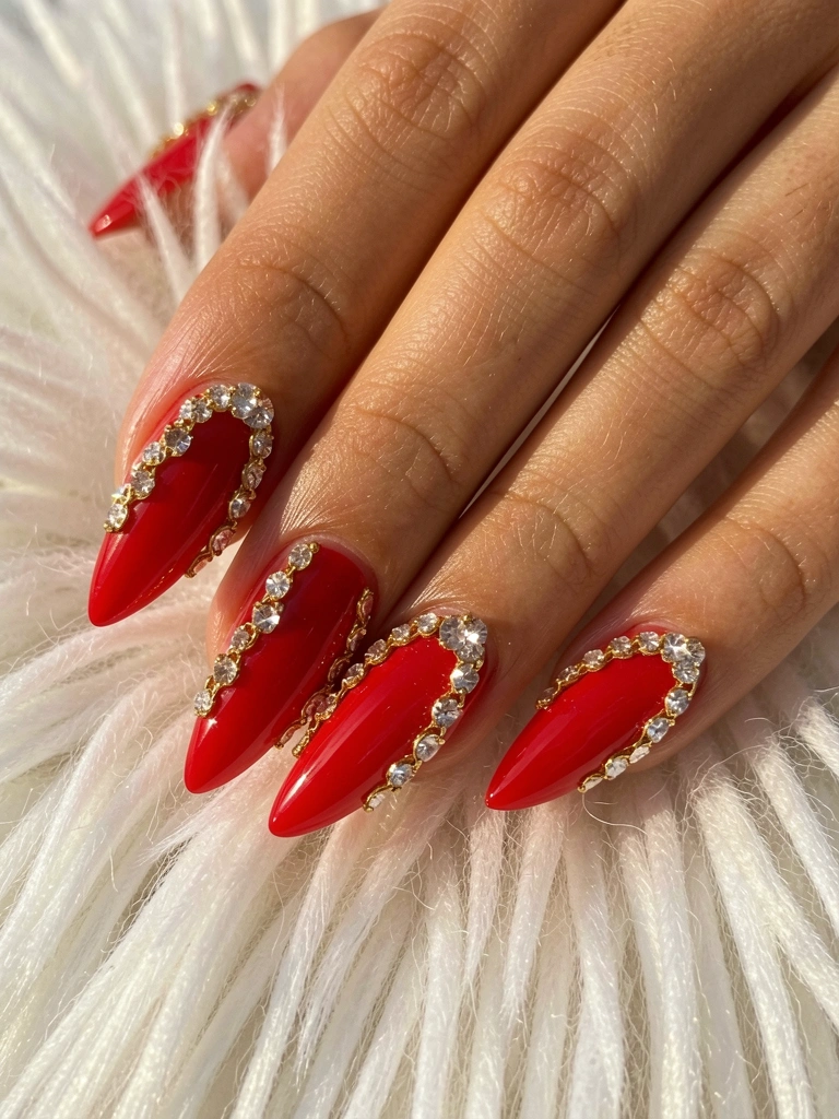 Close-up de mãos com unhas vermelhas e correntes douradas cravejadas de cristais, sobre fundo de pele branca e fofa.
