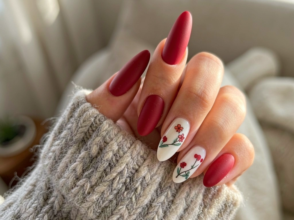 Mão com unhas vermelhas foscas e detalhes florais descansando sobre manga de suéter cinza, fundo desfocado.