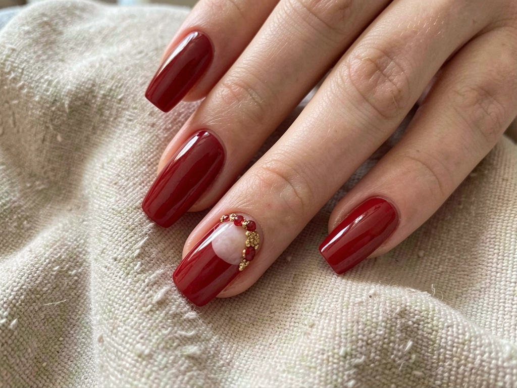 Mãos com unhas decoradas em vermelho vibrante e detalhes dourados, repousando sobre tecido texturizado, com iluminação natural suave.