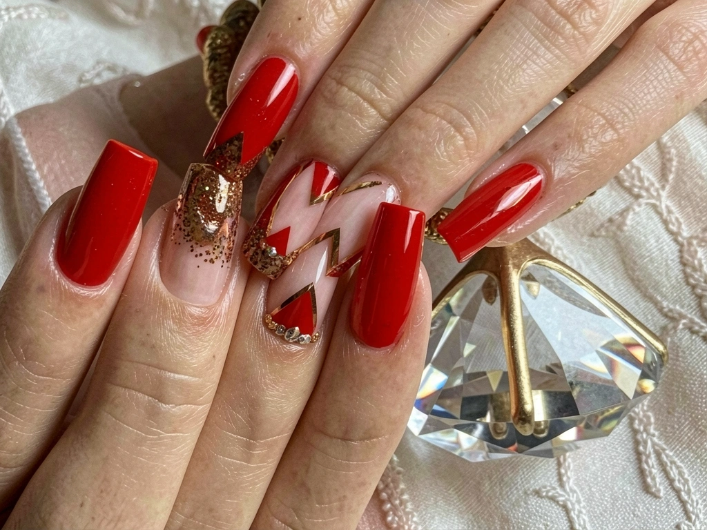 Unhas vermelhas com glitter e desenhos geométricos ao lado de acessório de cristal sobre tecido texturizado, iluminação natural suave.