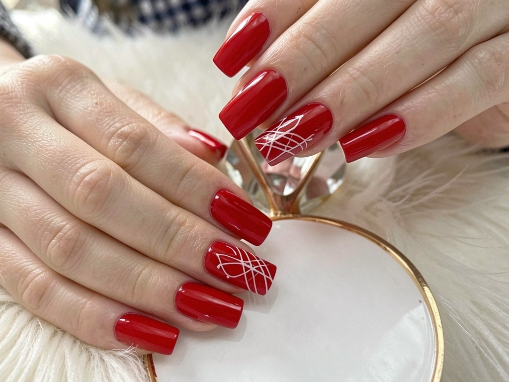 Mãos femininas com unhas vermelhas e detalhes brancos sobre superfície macia, com pote de joias ao lado, fundo desfocado.