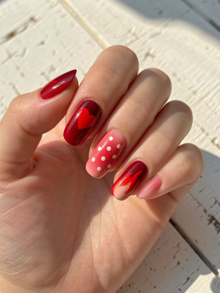 Mão feminina com unhas decoradas em degradê vermelho, coração, bolinhas brancas e chama, luz natural sobre fundo de madeira branca.