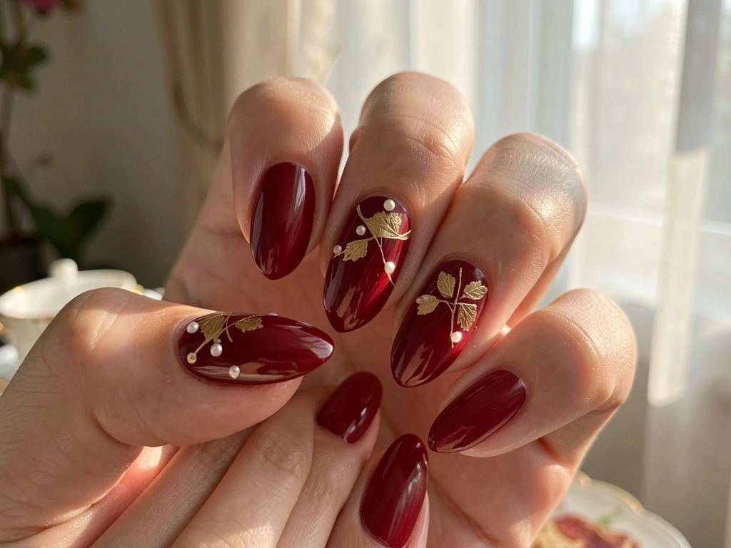 Mãos femininas com unhas vermelhas decoradas com folhas de ouro e pérolas, segurando uma xícara de chá, com luz natural suave ao fundo.