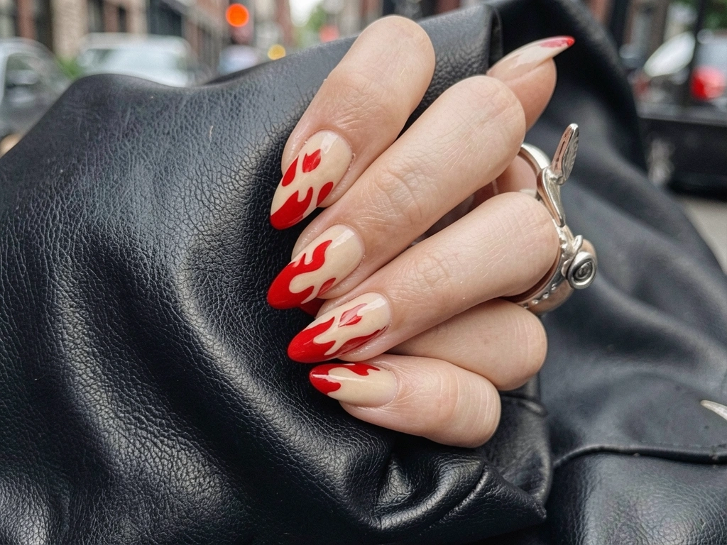 Mão com unhas decoradas em design de chamas vermelho e bege sobre superfície de couro preta texturizada, fundo desfocado