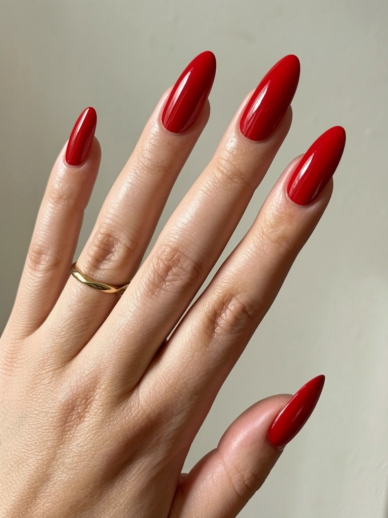 Mão feminina com unhas vermelhas brilhantes e anel de ouro elegante em fundo neutro, luz natural suave.