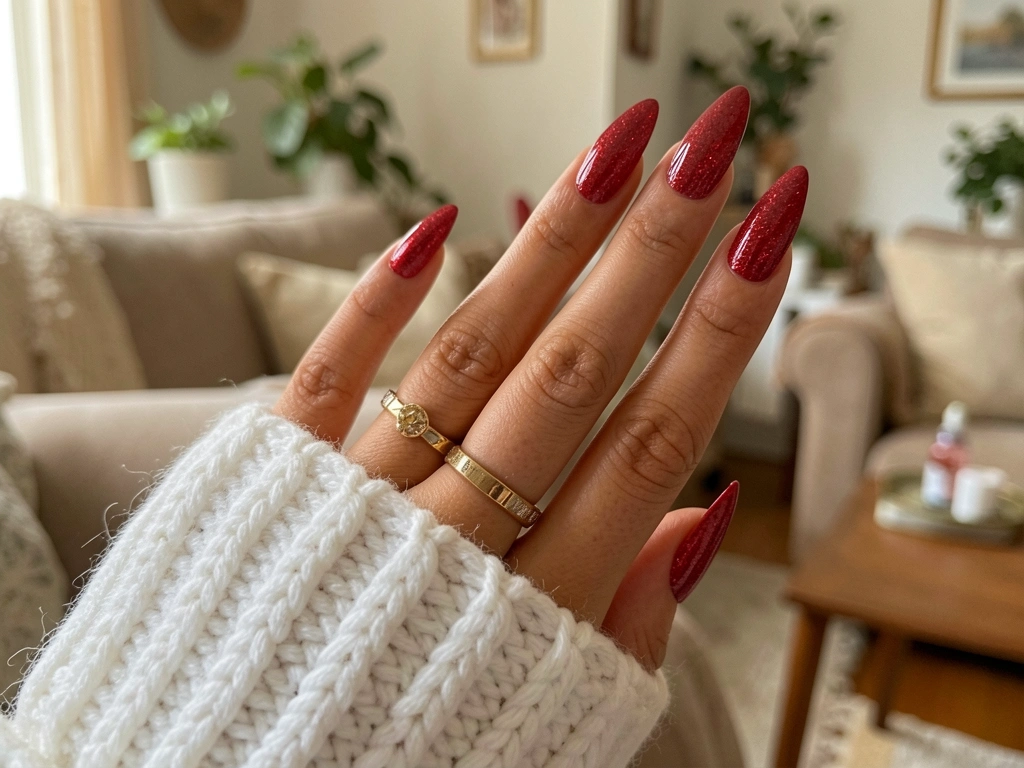 Mão com unhas vermelhas brilhantes e anéis elegantes sobre suéter branco de tricô, fundo desfocado com decoração caseira.