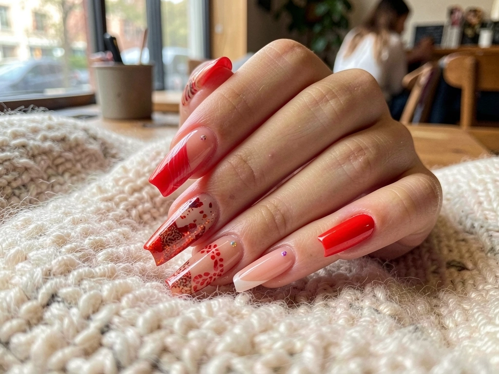 Mãos com unhas decoradas em vermelho vibrante e nude, com detalhes intrincados e brilhos, sobre superfície texturizada de madeira, ambiente casual e acolhedor.