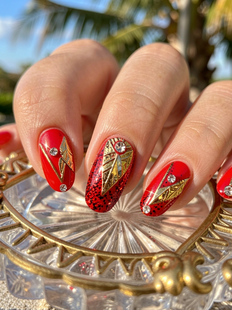 Close-up de cinco unhas vermelhas com detalhes em folha de ouro, strass e glitter vermelho e preto, sobre bandeja de cristal com moldura dourada, luz natural.