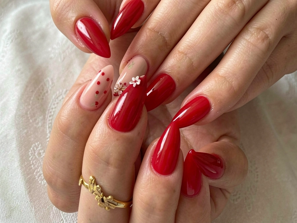 Mãos femininas com unhas longas em formato amendoado, esmalte vermelho vibrante e uma unha com base nude, bolinhas vermelhas e detalhe floral, sobre fundo texturizado claro.