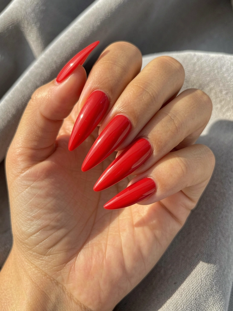 Mão feminina com unhas vermelhas brilhantes e alongadas sobre pano cinza desfocado, luz natural.