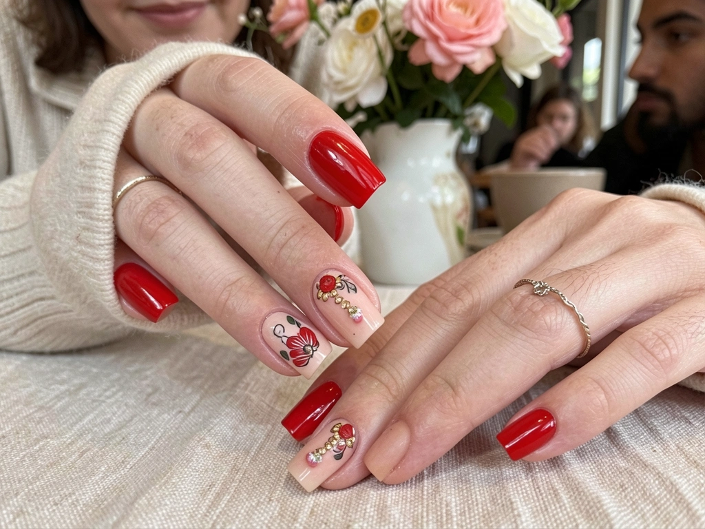 Mãos com unhas vermelhas decoradas com flores sobre toalha de mesa em café, com vaso de flores ao fundo