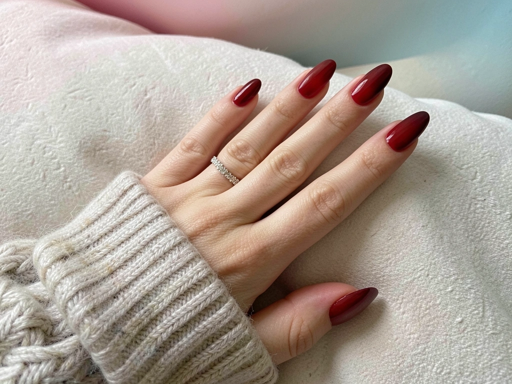 Mão com unhas vermelhas ombré e anel brilhante sobre superfície texturizada, manga de suéter de tricô no pulso, fundo com gradiente suave.