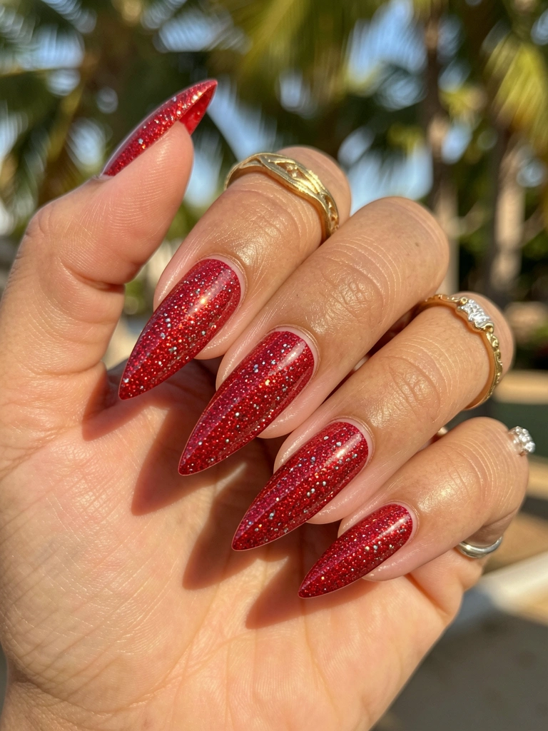Close de mão feminina com unhas alongadas em glitter vermelho e anel de noivado vintage, luz natural destacando o brilho.