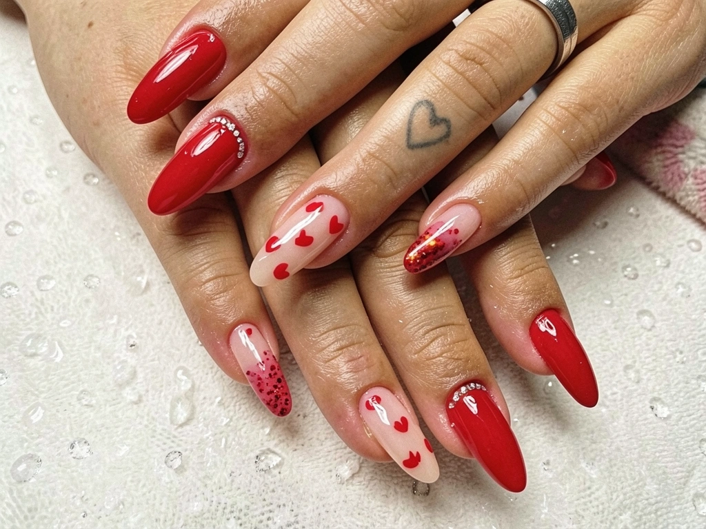 Mãos com unhas vermelhas decoradas com corações e brilhos sobre superfície texturizada, com gotículas de água ao redor, em estilo autêntico e acolhedor.