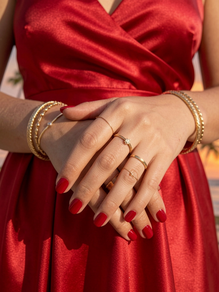 Mãos femininas com esmalte vermelho vibrante e joias de ouro sobre vestido de cetim vermelho, luz natural suave com fundo difuso de pôr do sol tropical.
