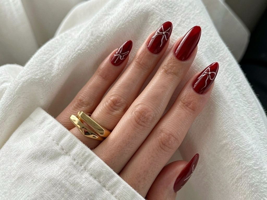 Mão com unhas vermelhas escuras e detalhes brancos, anel de ouro moderno, apoiada em tecido branco texturizado, fundo desfocado.