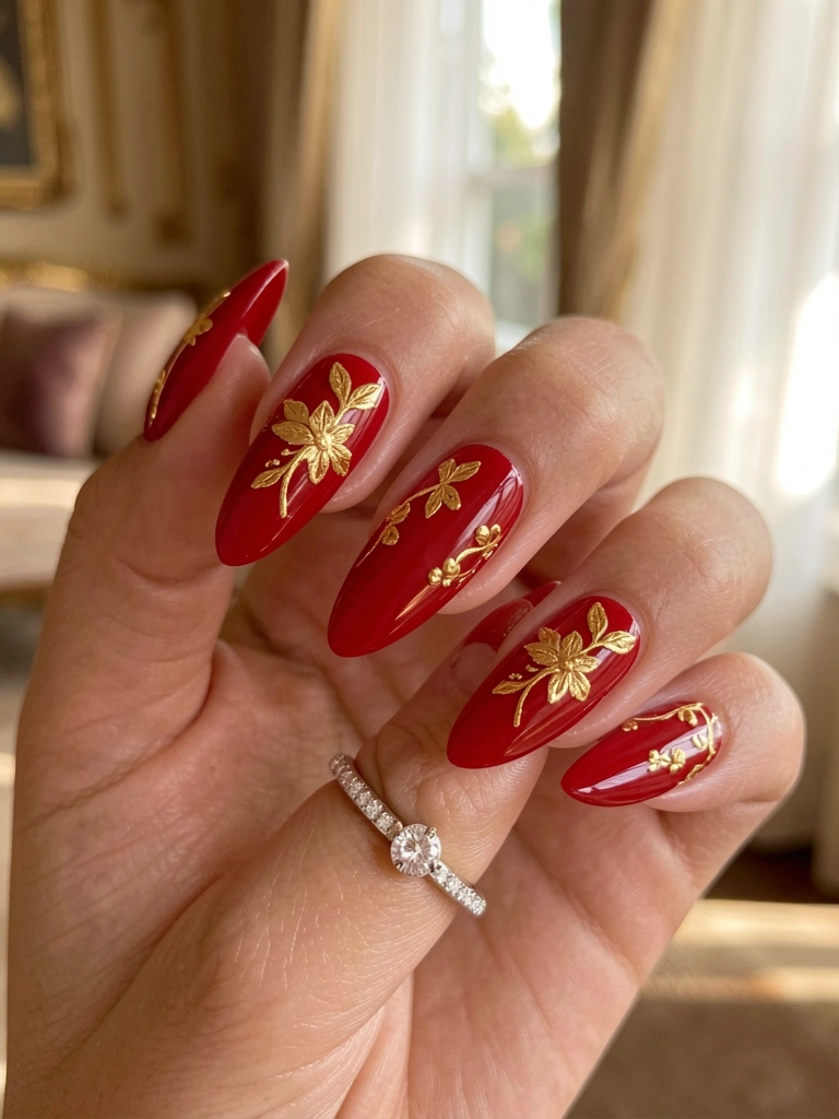 Mão com unhas vermelhas longas e nail art dourada, anel de diamante solitário, luz natural suave e fundo levemente desfocado.
