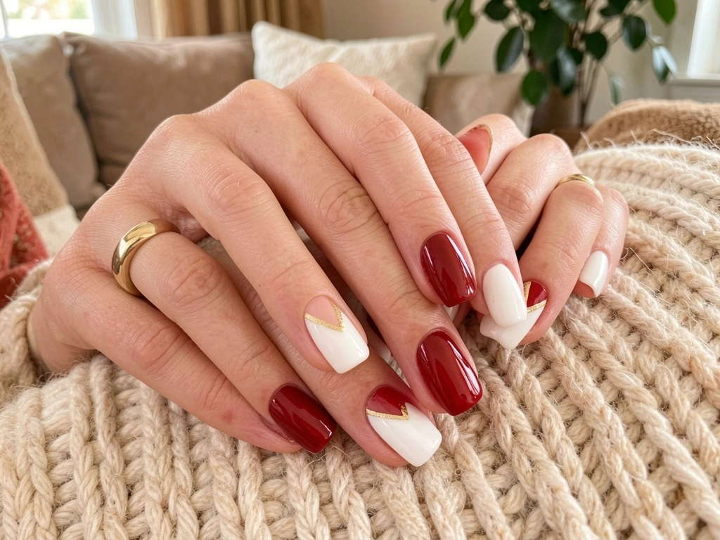 Mãos com unhas decoradas em vermelho escuro e branco brilhante com detalhes dourados sobre um tecido de malha macio, em sala de estar aconchegante com plantas e texturas sutis ao fundo.