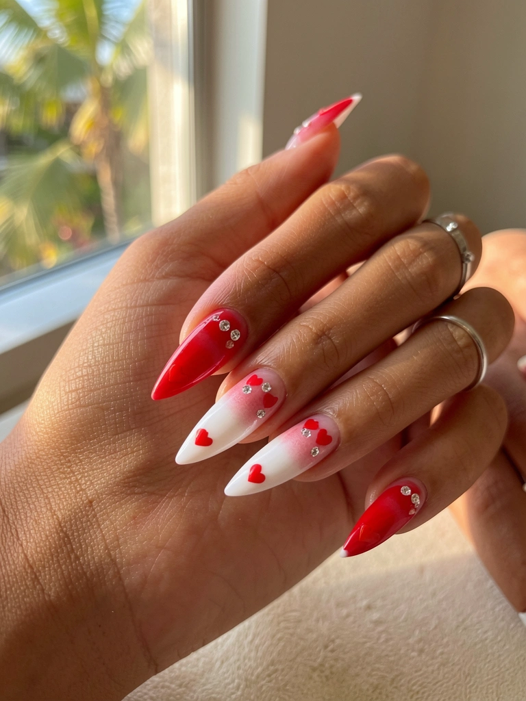 Unhas amendoadas longas com ombré vermelho e branco, corações vermelhos e cristais, anel de prata, luz natural suave.