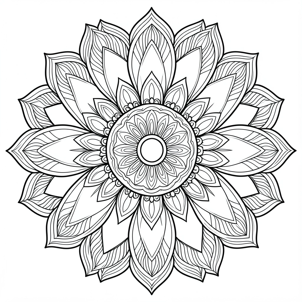 Mandalha floral simétrica em preto e branco, com pétalas radiantes e linhas internas intrincadas sobre fundo branco puro.