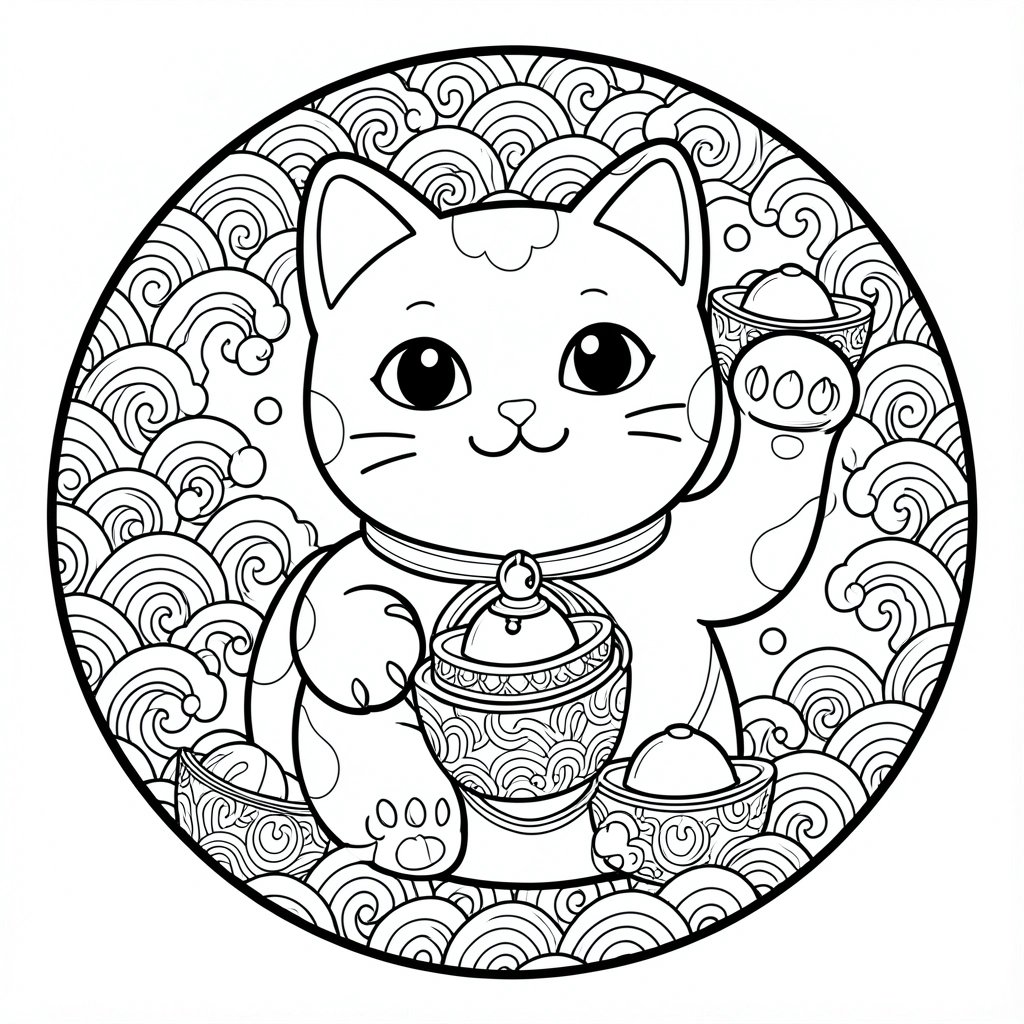 Maneki-neko cartoon em círculo com ondas estilizadas e círculos, patas segurando lingote com sininho, traços pretos em fundo branco.