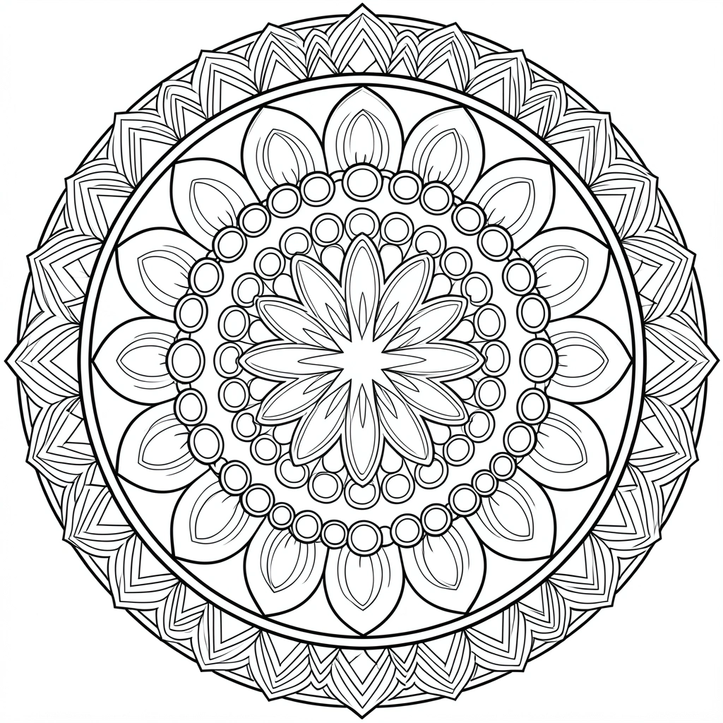Mandala preta e branca com estrela central, anéis concêntricos de círculos e pétalas, borda com triângulos e curvas, fundo branco.