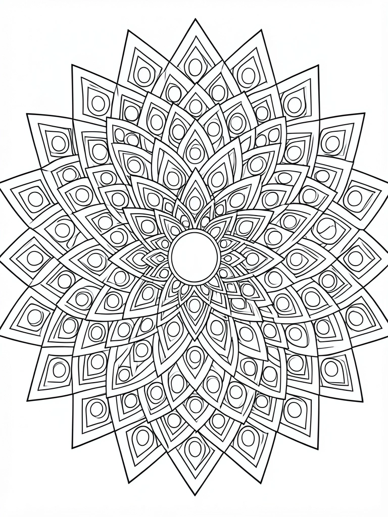 Mandala geométrica em preto e branco, com diamantes e círculos concêntricos, traços nítidos, fundo branco.