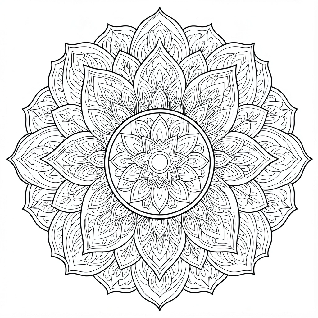 Mandalas em preto e branco com padrões florais e geométricos repetitivos, centro com motivo circular ornamentado, linhas fluidas e simétricas.