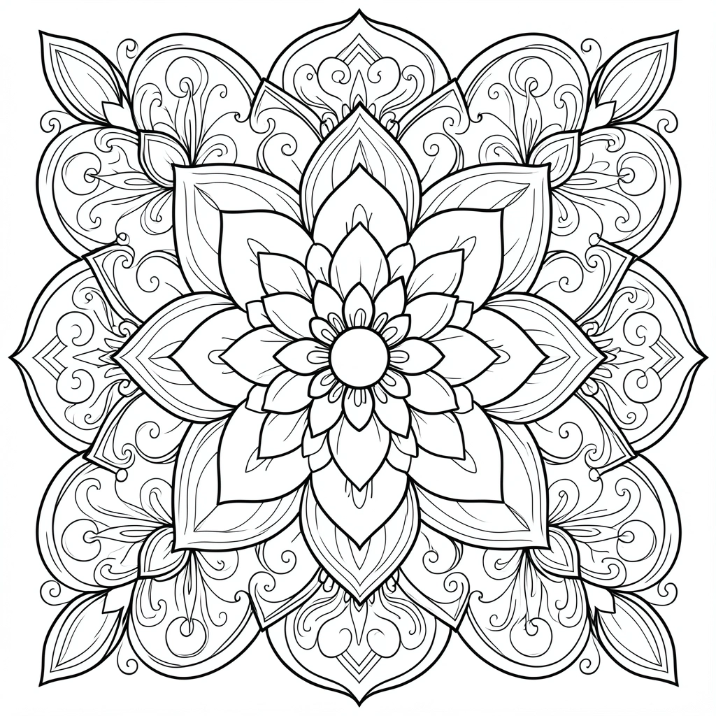 Mandala quadrada em preto e branco com flor central, pétalas concêntricas e linhas geométricas simétricas, estilo livro de colorir.