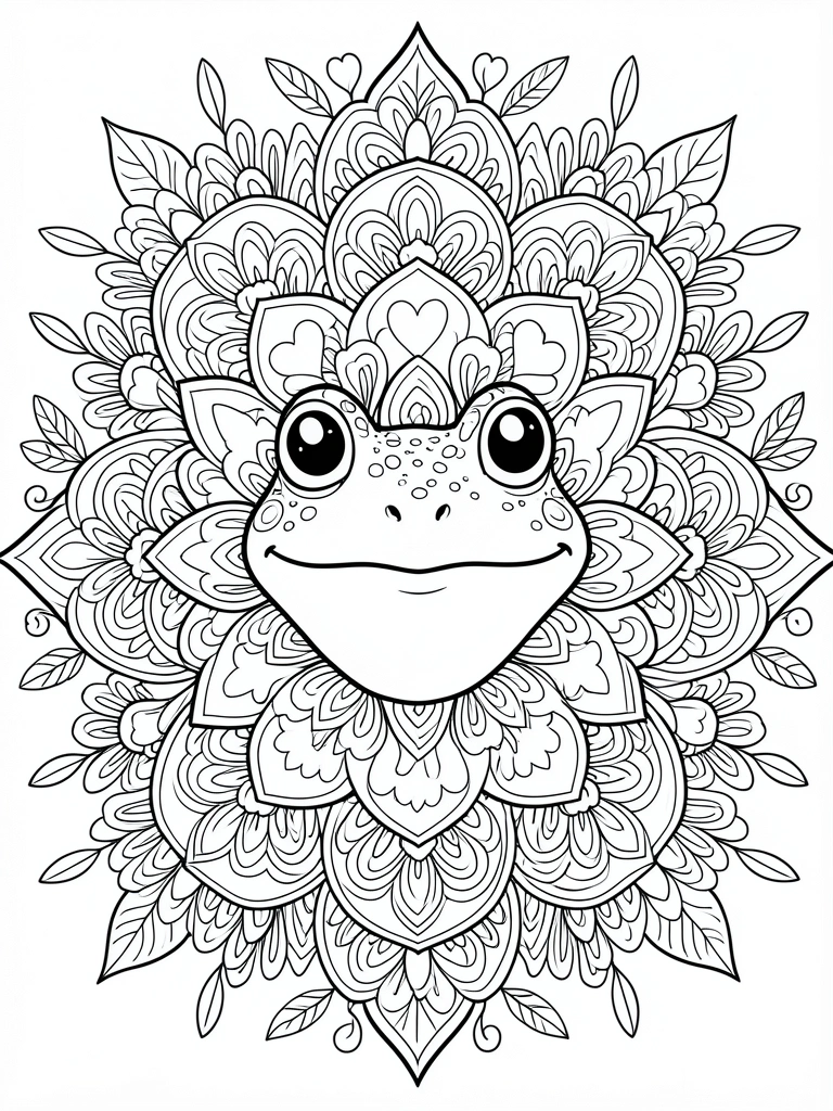 Mandala preto e branco com rosto de sapo no centro, rodeado por flores, corações e padrões geométricos, linhas finas e fundo branco.