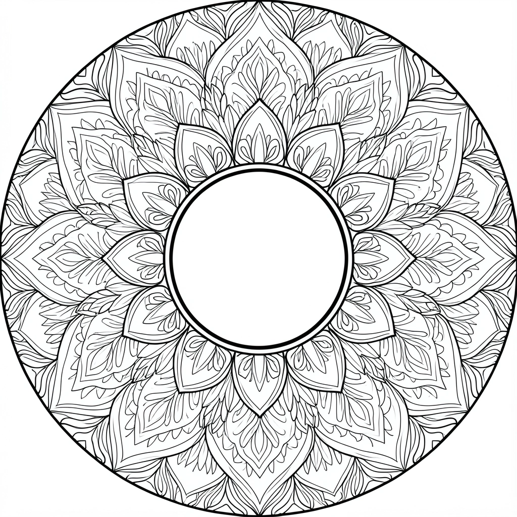 Mandala circular em preto e branco com camadas concêntricas de pétalas e folhas, linhas finas e simetria perfeita, fundo branco.