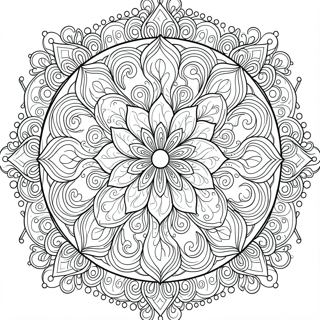 Mandala preta e branca com flor central, pétalas em espiral e padrões circulares repetidos sobre fundo branco.