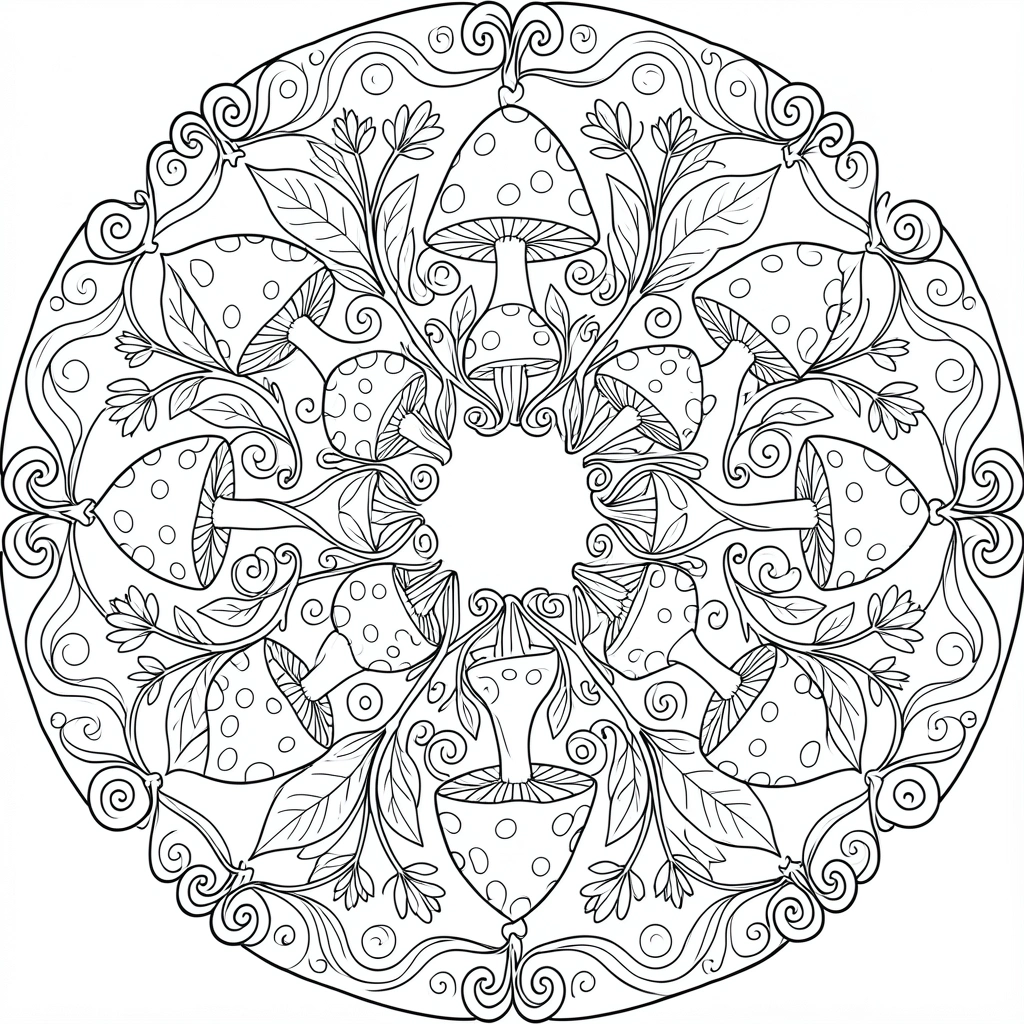 Mandala circular com cogumelos estilizados, galhos florais e borda de espirais, em preto e branco, fundo branco.