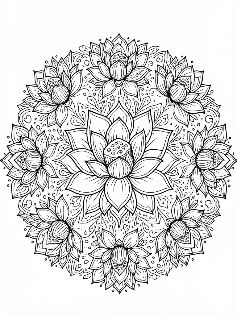 Mandalas de lótus em preto e branco, com pétalas detalhadas, corações e pontos simétricos, sobre fundo branco puro.