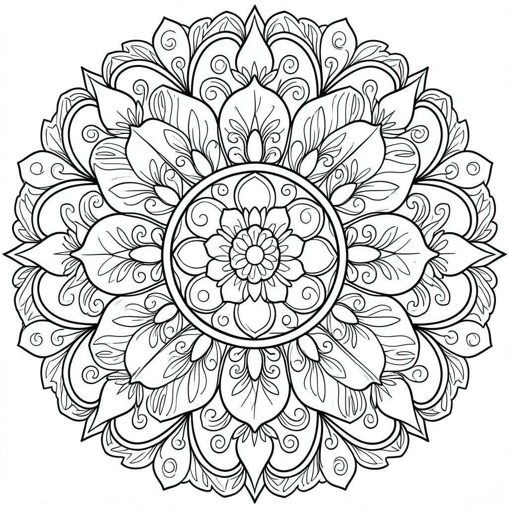 Mandalas florais simétricas com pétalas detalhadas, vinhas onduladas e folhas delicadas em preto e branco, fundo branco puro.