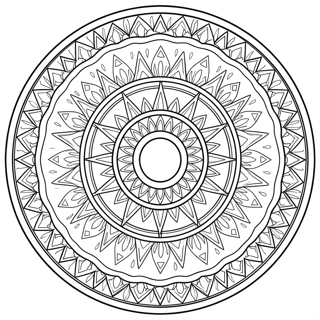 Mandalas em preto e branco com círculos concêntricos, triângulos e formas geométricas, estilo página para colorir.