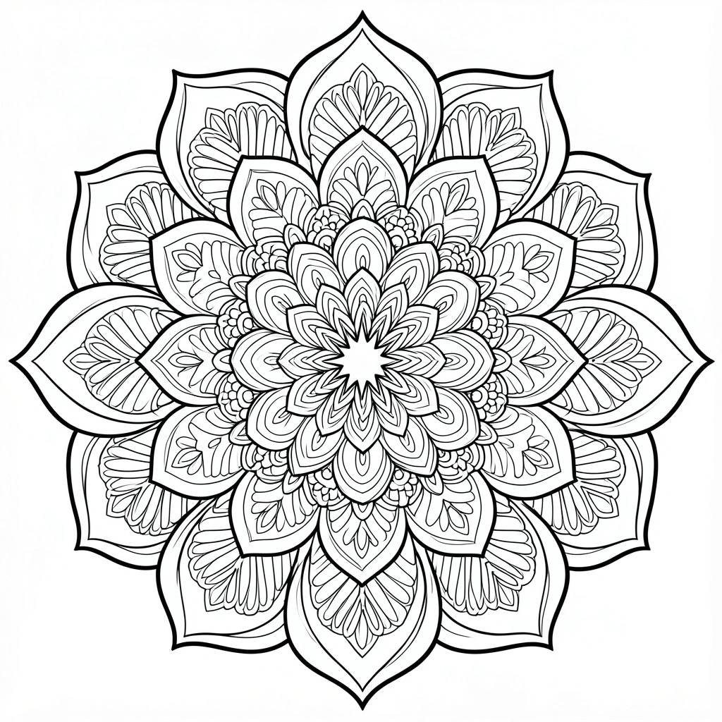 Mandala floral em preto e branco, com pétalas sobrepostas e padrões geométricos simétricos, centro em forma de estrela detalhada, fundo branco puro.