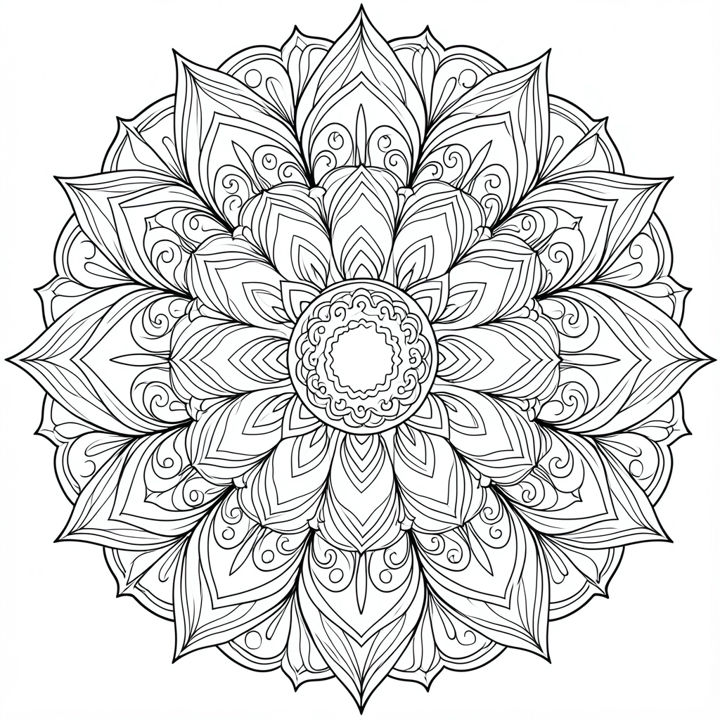 Mandala floral intricada em preto e branco, com linhas geométricas e círculos concêntricos, estilo página de colorir.