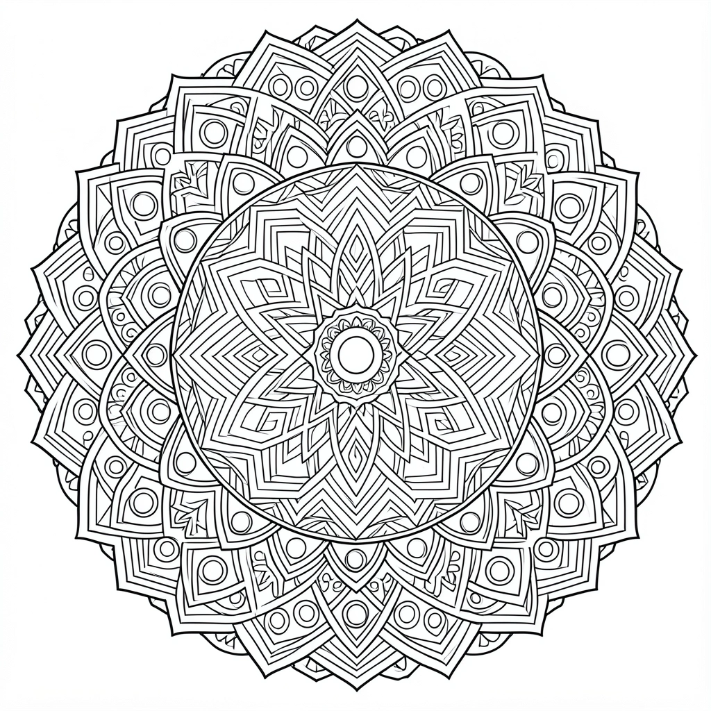 Mandala geométrica em preto e branco com triângulos, hexágonos e círculos entrelaçados, simétrica e detalhada, fundo branco puro.