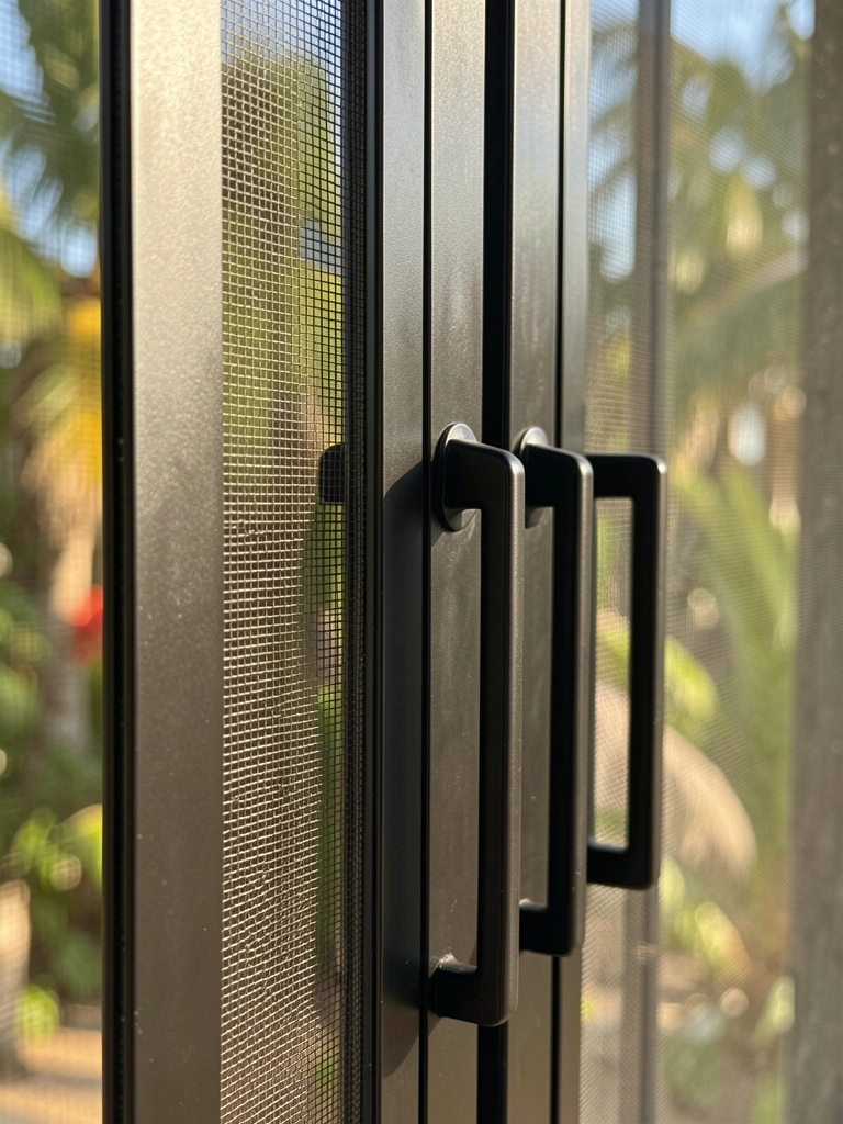 Close de moldura preta de janela com tela metálica fina e reflexos, luz natural quente e fundo desfocado tropical.
