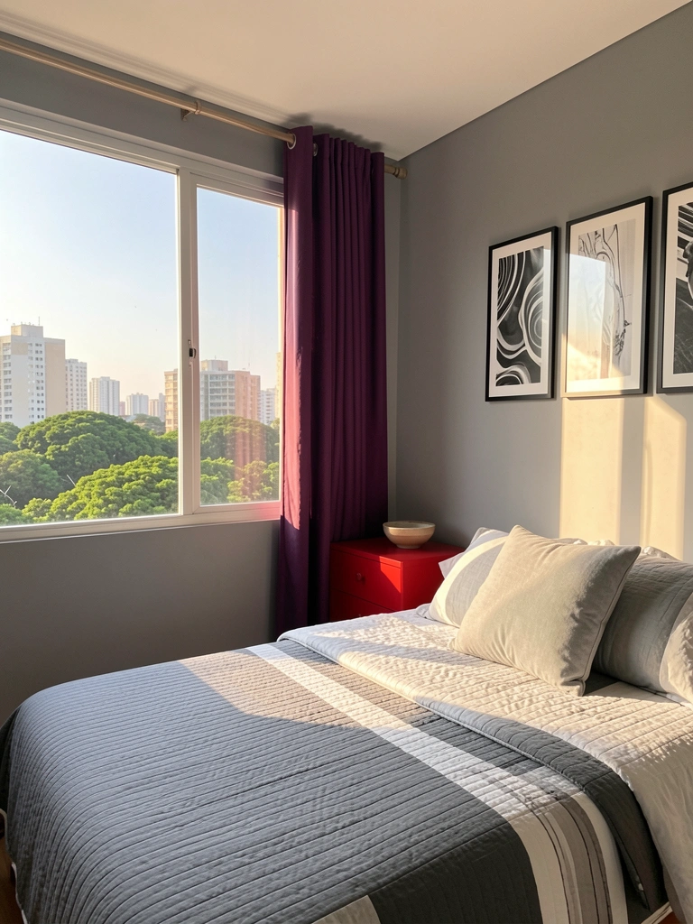 Cama acolchoada cinza e branca com almofada cinza claro, janela com vista para cidade e árvores, cortina roxa escura, cômoda vermelha com tigela cerâmica, três quadros abstratos na parede, luz natural quente.