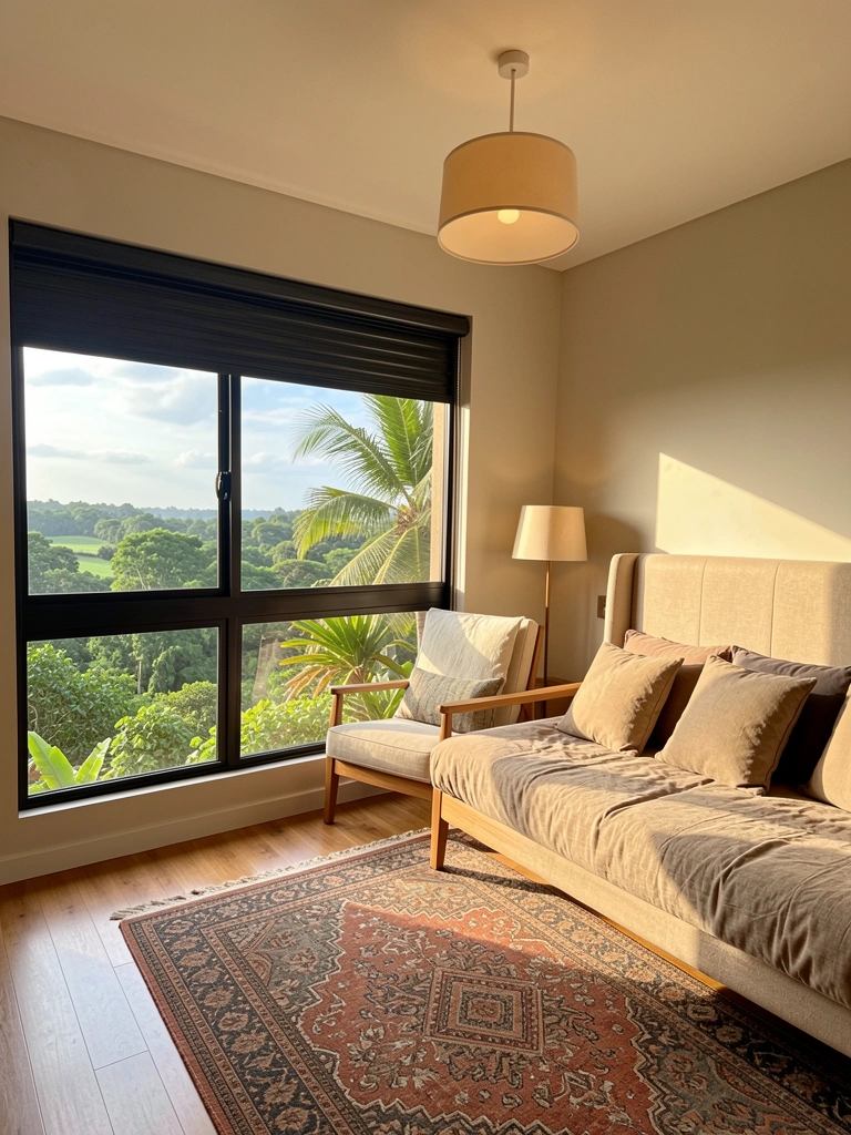 Janela ampla com persiana escura e paisagem verde, poltrona de madeira, cabeceira bege com almofadas e tapete estampado, luz natural quente.