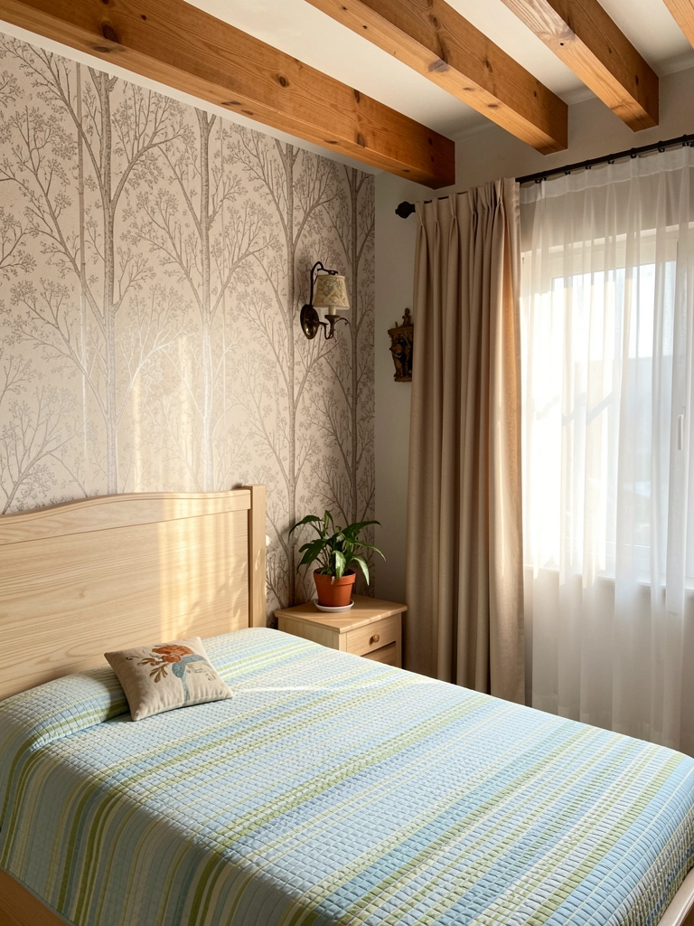 Textura de papel de parede com padrão de árvore, viga de madeira e cama com colcha listrada azul e verde, luz natural entrando por cortina branca.