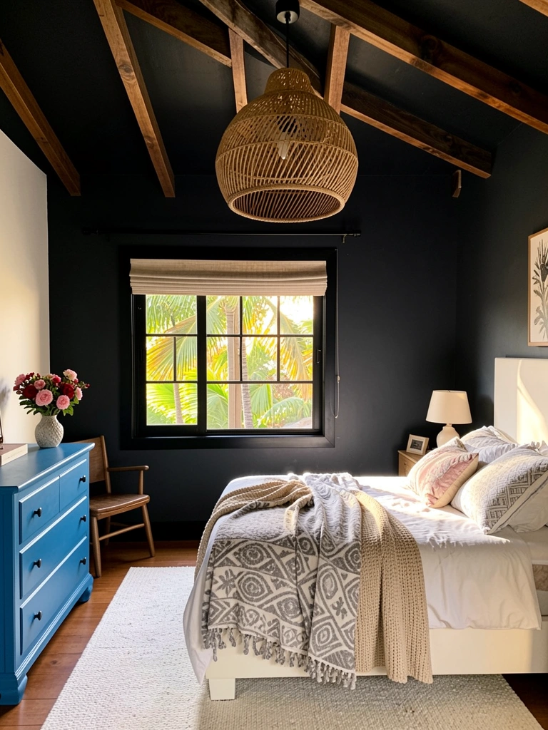 Teto preto com vigas de madeira, luminária trançada pendente, cômoda azul e cama branca com manta cinza e flores rosas.