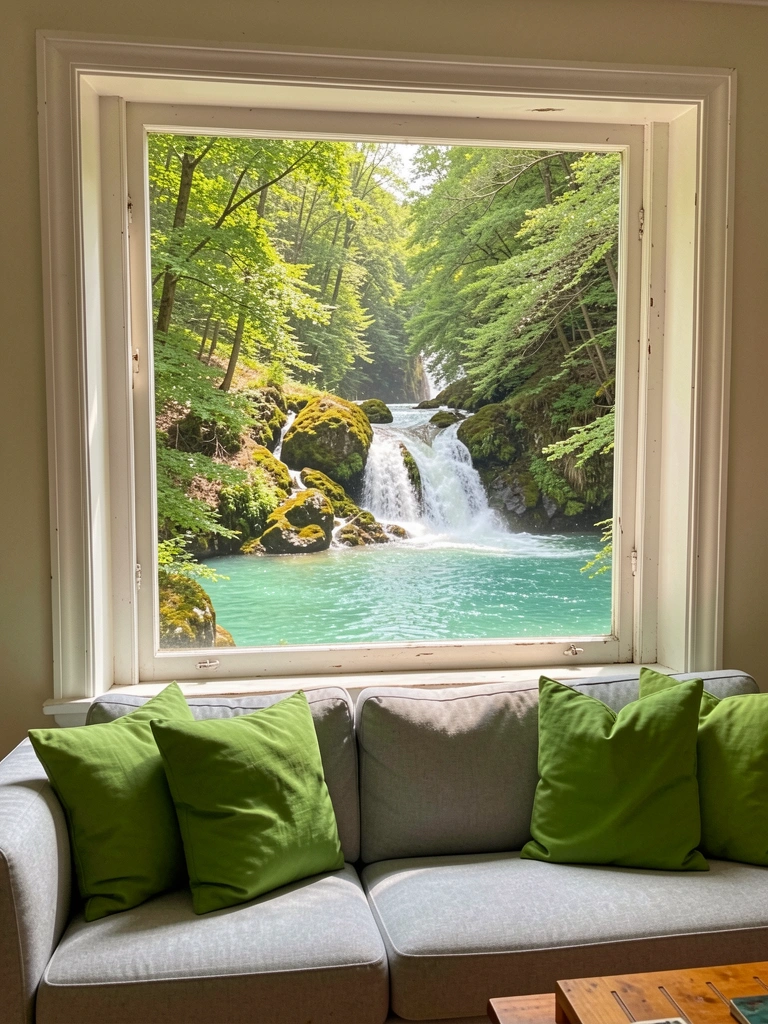 Janela branca com vista para vale verde e cachoeira em poço turquesa, sofá cinza claro com almofadas verdes e mesa de madeira em primeiro plano.