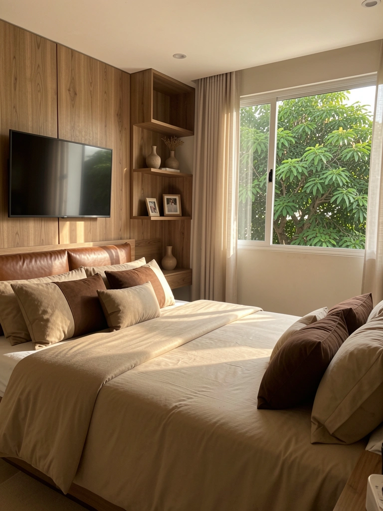 Cama com edredom bege e almofadas marrons, cabeceira de madeira com couro, estante com vaso e porta-retrato, luz natural entrando pela janela com vista para árvore.