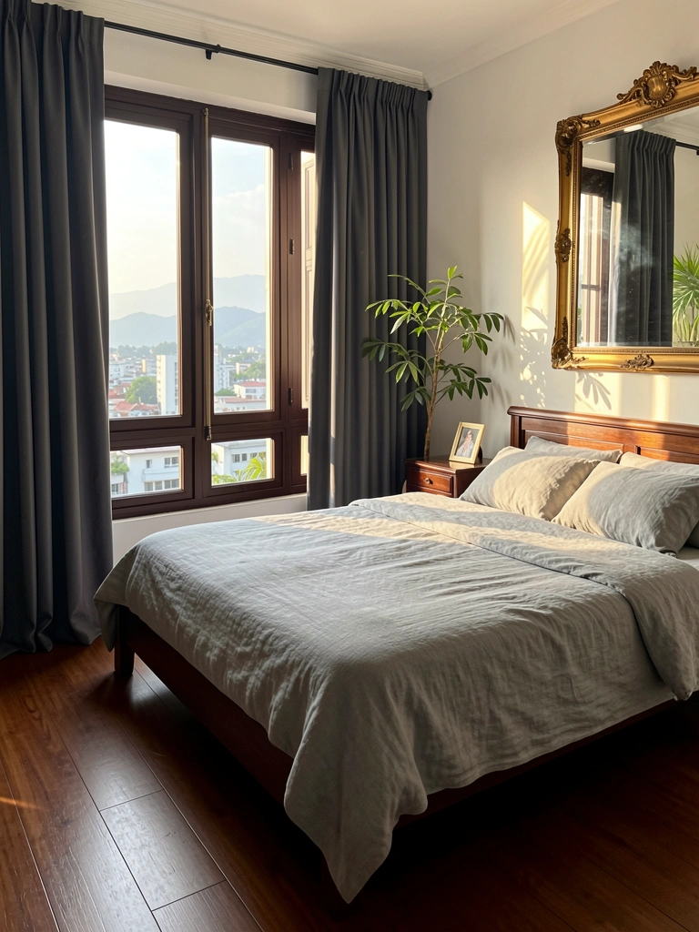 Cama de madeira com roupa de cama cinza claro e criado-mudo escuro com porta-retratos, luz natural entrando pela janela panorâmica com cortina carvão e vista de cidade e montanhas.