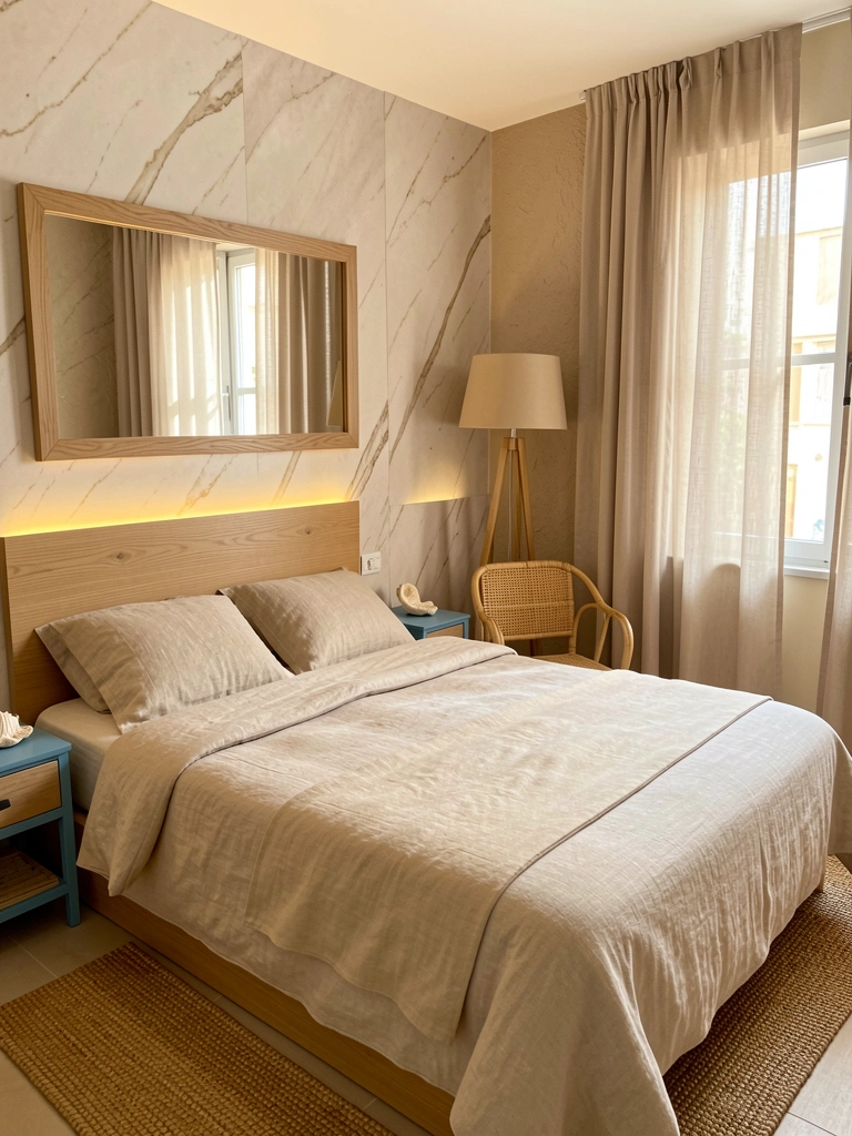 Cama com roupa de cama bege, cabeceira de madeira com luzes LED, tapete de fibras naturais e poltrona de rattan sob luz natural.