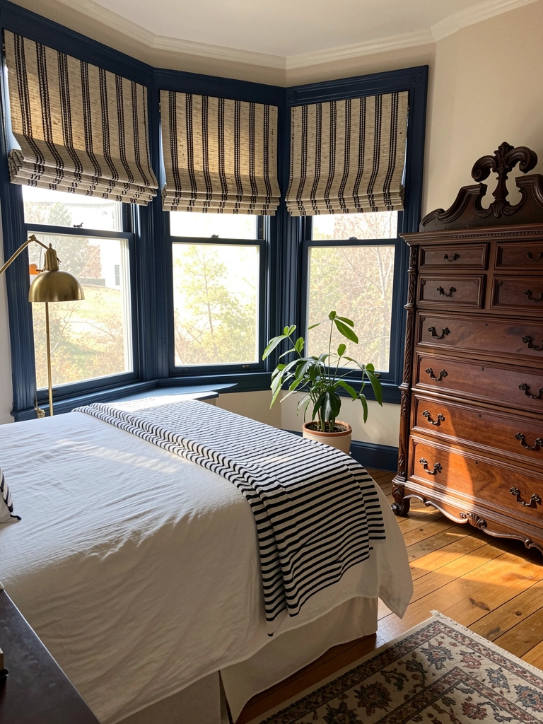 Janela com molduras azul-escuras e persianas bege e preta, cama de linho branco com manta listrada, cômoda de madeira escura e luminária dourada, luz natural entrando.